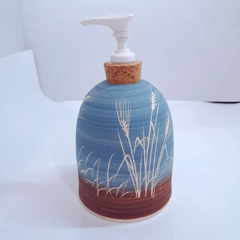 Chapman handmade pottery soap pump beach sea grass oats blue lake cork ocean